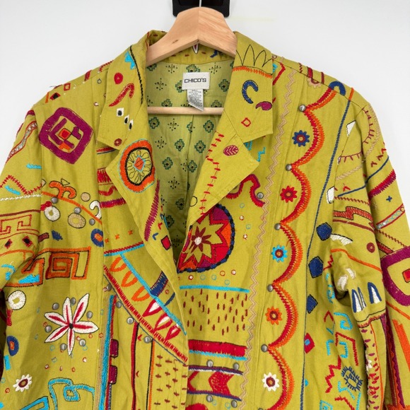 Chico's Green Boho Artsy Embroidered Studded Cropped Jacket Size 2 L - Picture 3 of 13